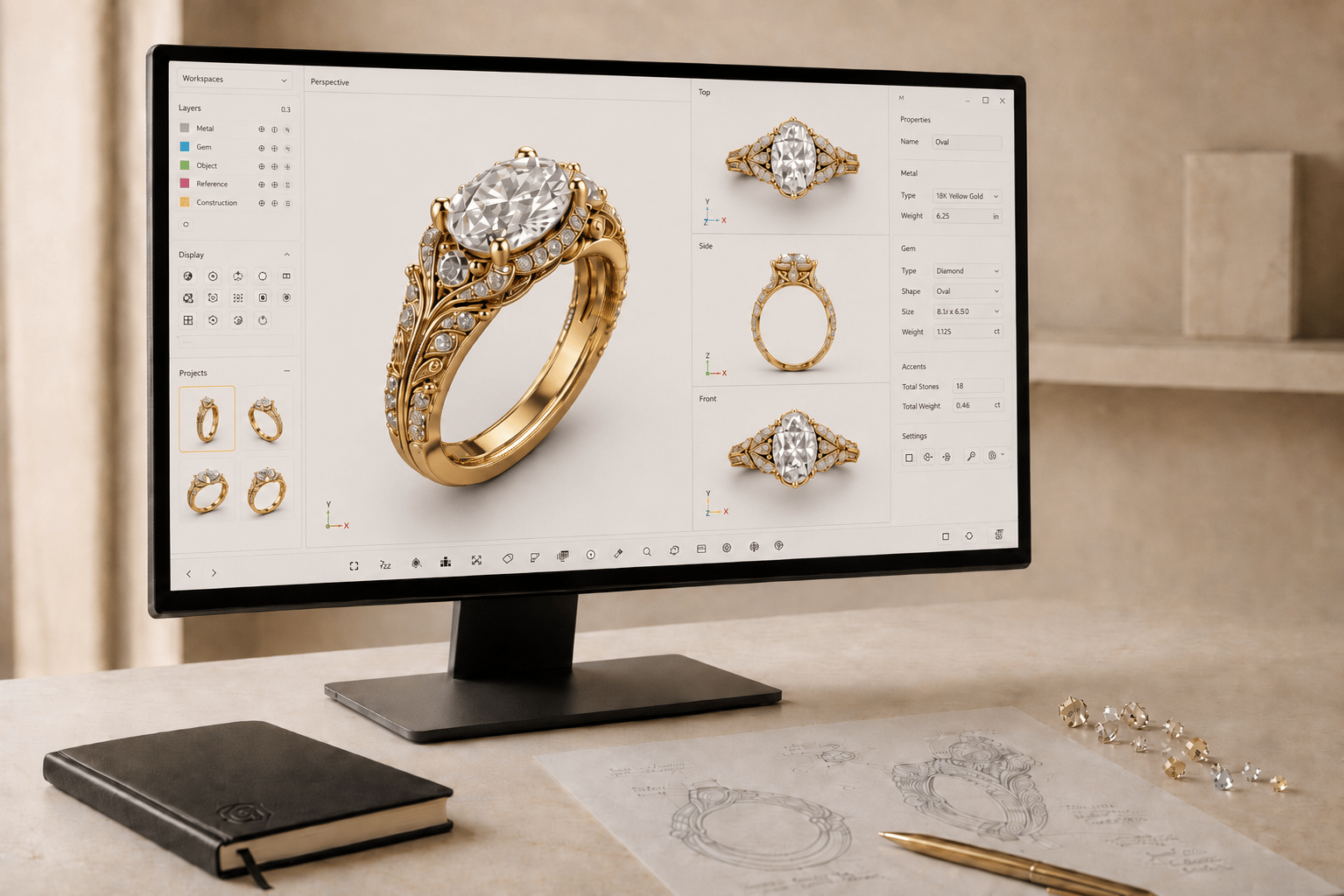 Boutique Kuyumculuk özel tasarım sürecinde 3D CAD ekran görüntüsü ve el eskizleri